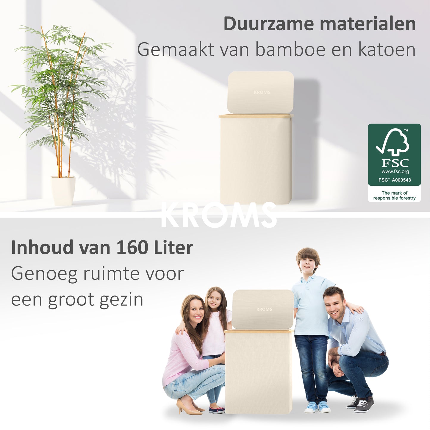 Panier à linge Bambou 3 compartiments Beige 145L