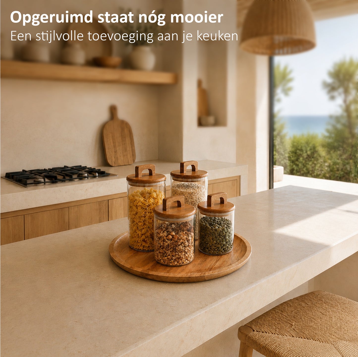 Glazen voorraadpotten met acacia deksel 4 stuks