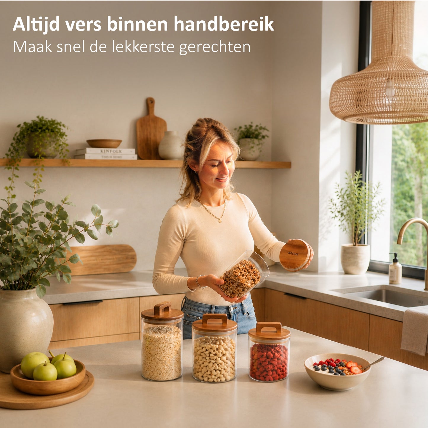 Glazen voorraadpotten met acacia deksel 4 stuks