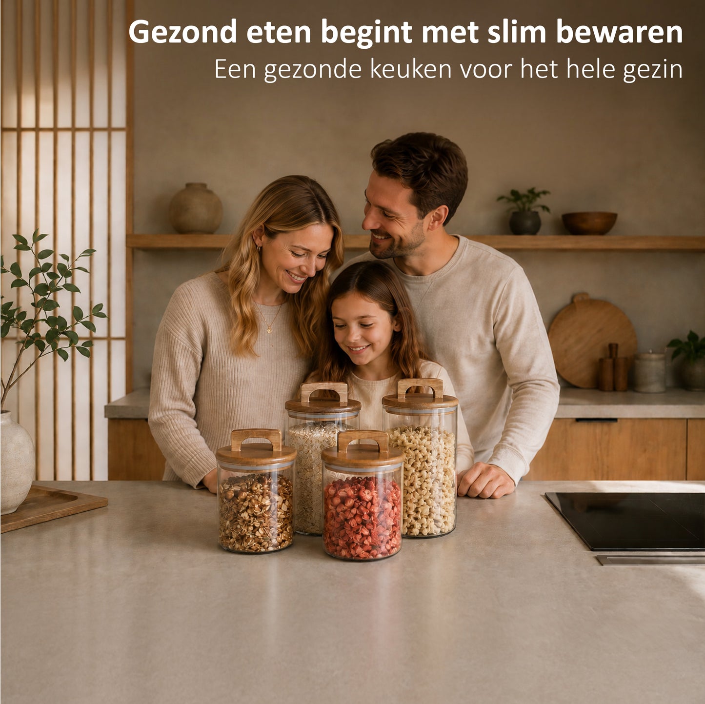 Glazen voorraadpotten met acacia deksel 4 stuks