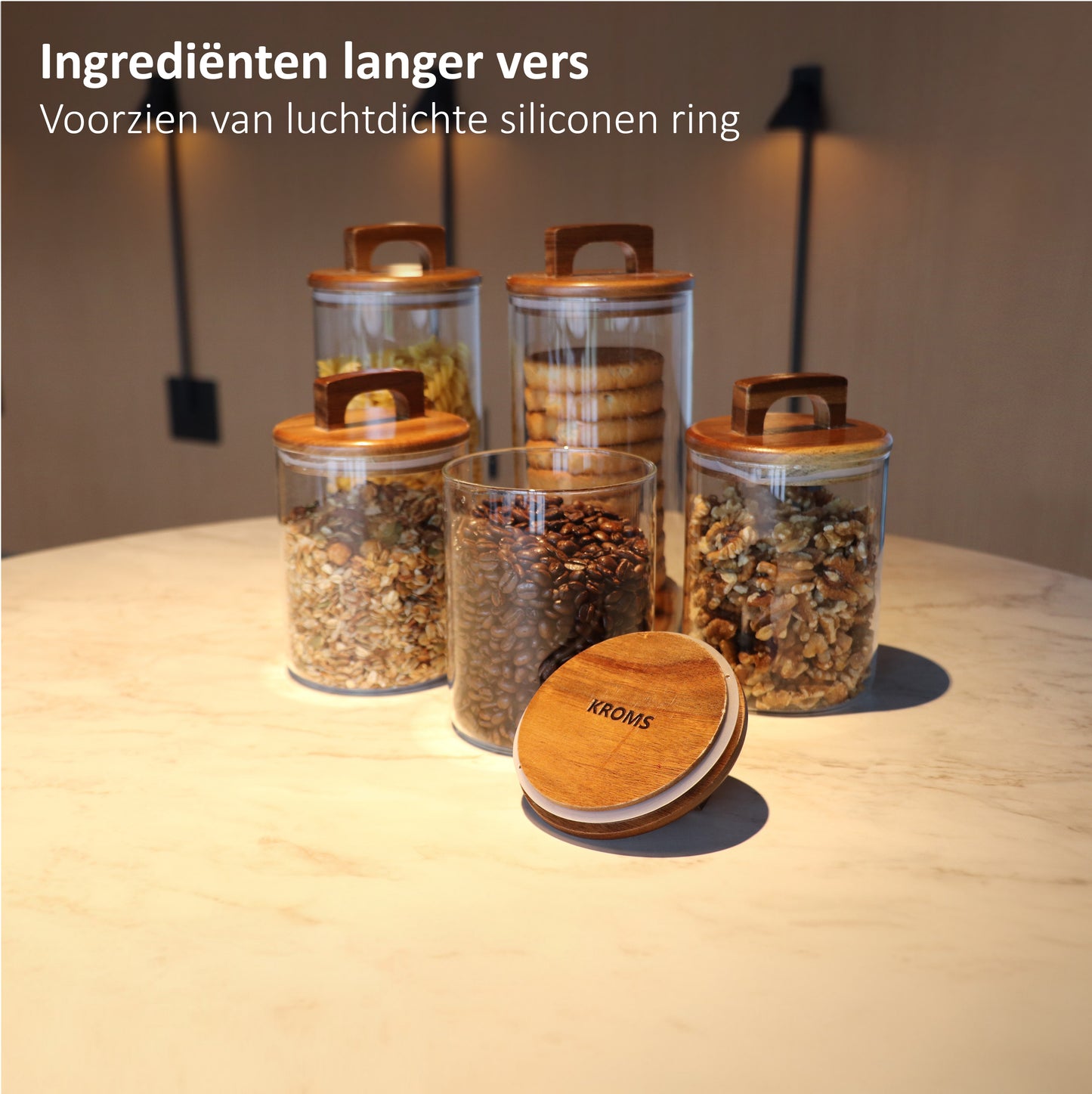 Glazen voorraadpotten met acacia deksel 4 stuks