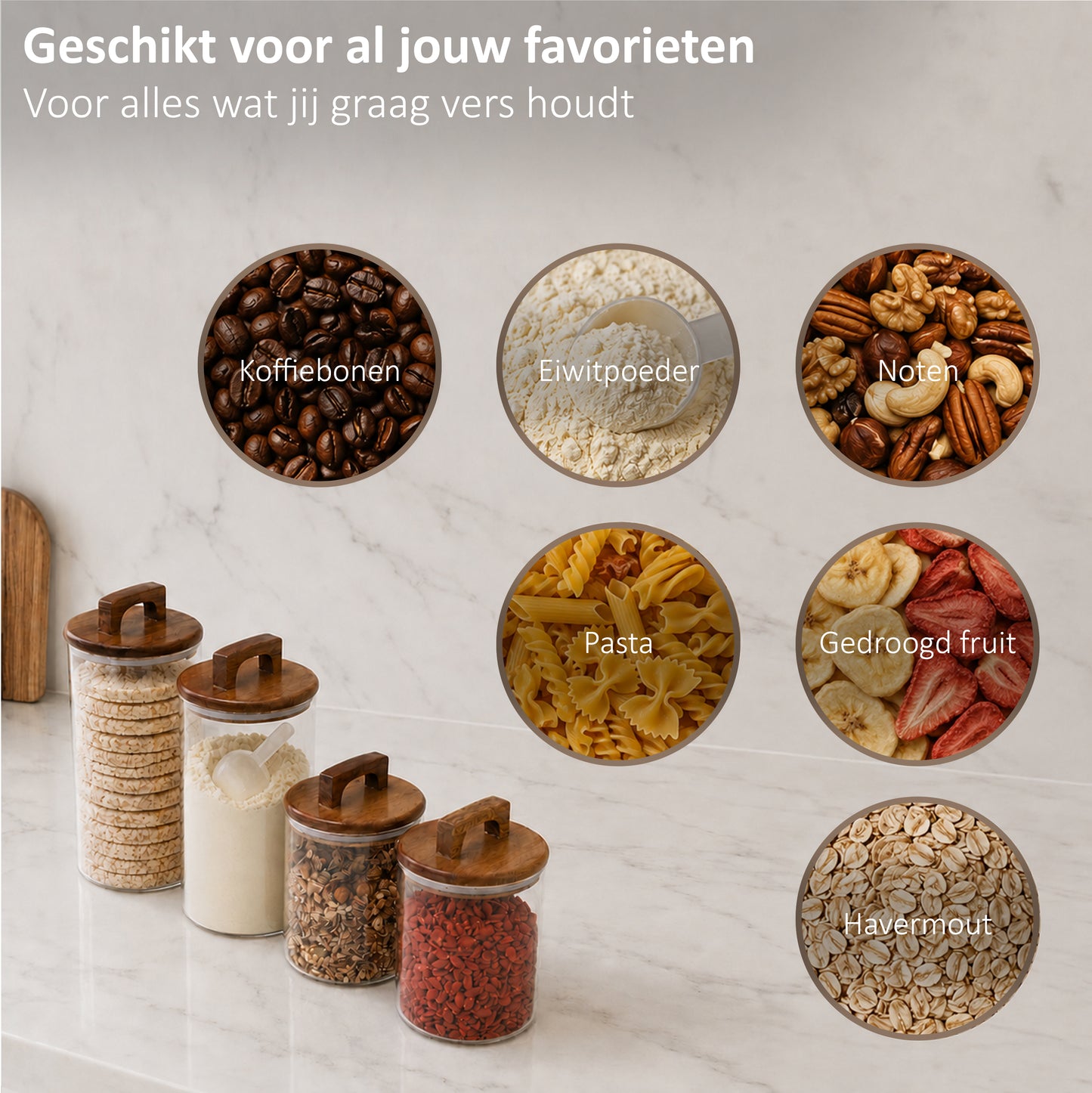 Glazen voorraadpotten met acacia deksel 4 stuks