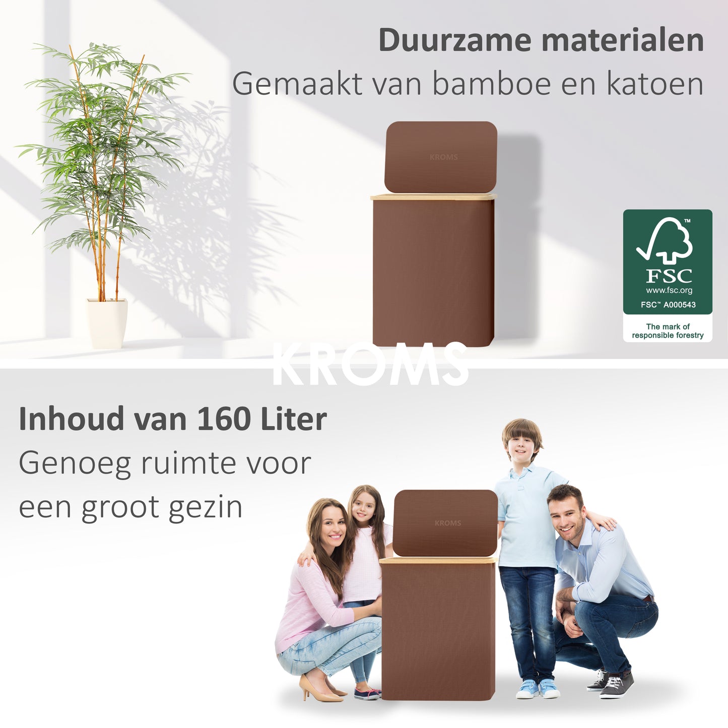 Wasmand Bamboe 3 vakken  Bruin 160L