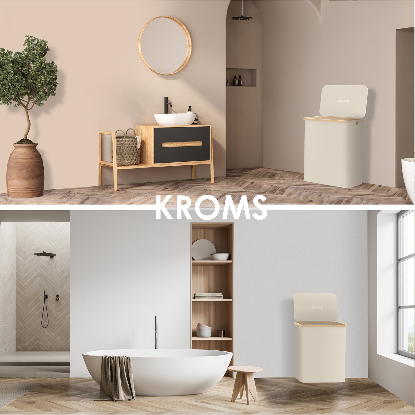Panier à linge Bambou 3 compartiments Beige 145L