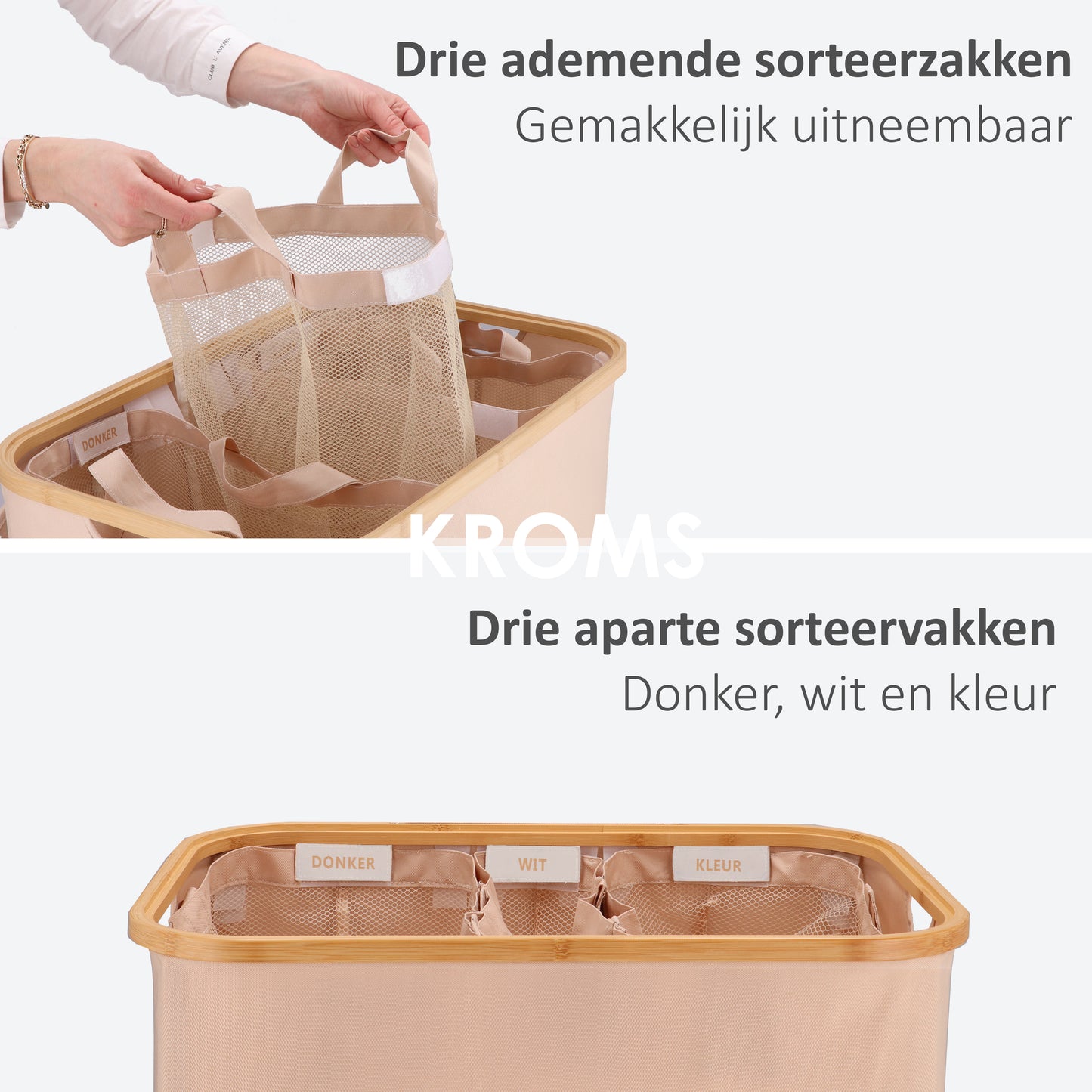 Panier à linge Bambou 3 compartiments Sable 145L