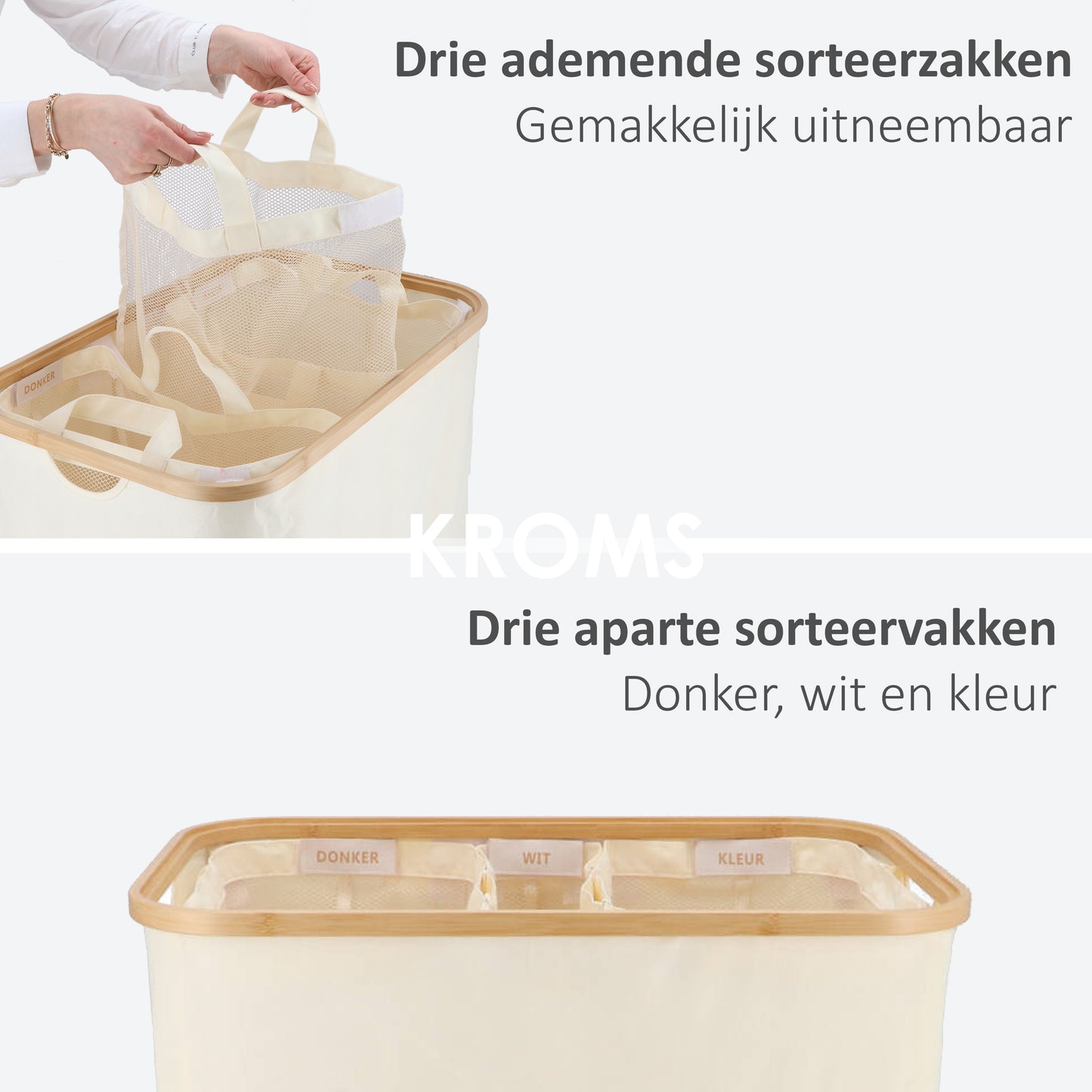 Panier à linge Bambou 3 compartiments Beige 145L