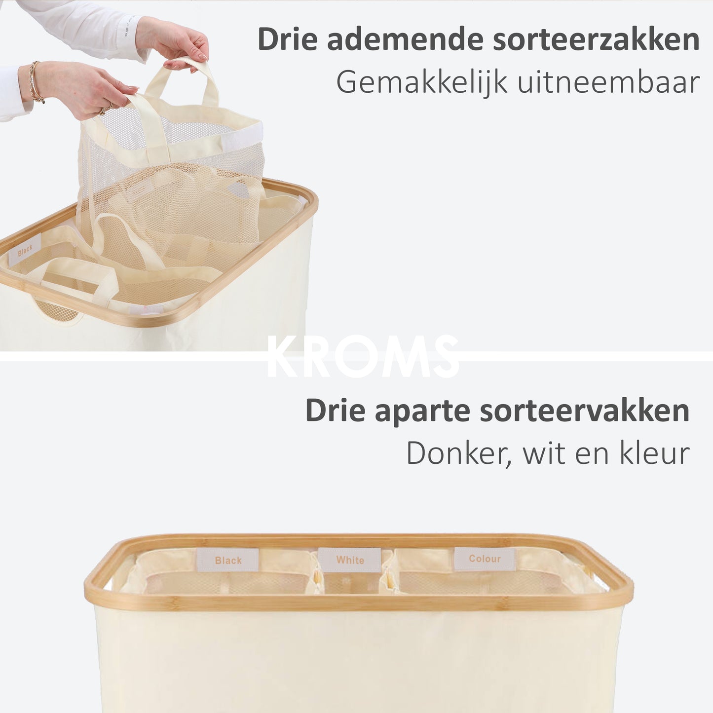 Wäschekorb Bambus 3 Fächer Beige 145L