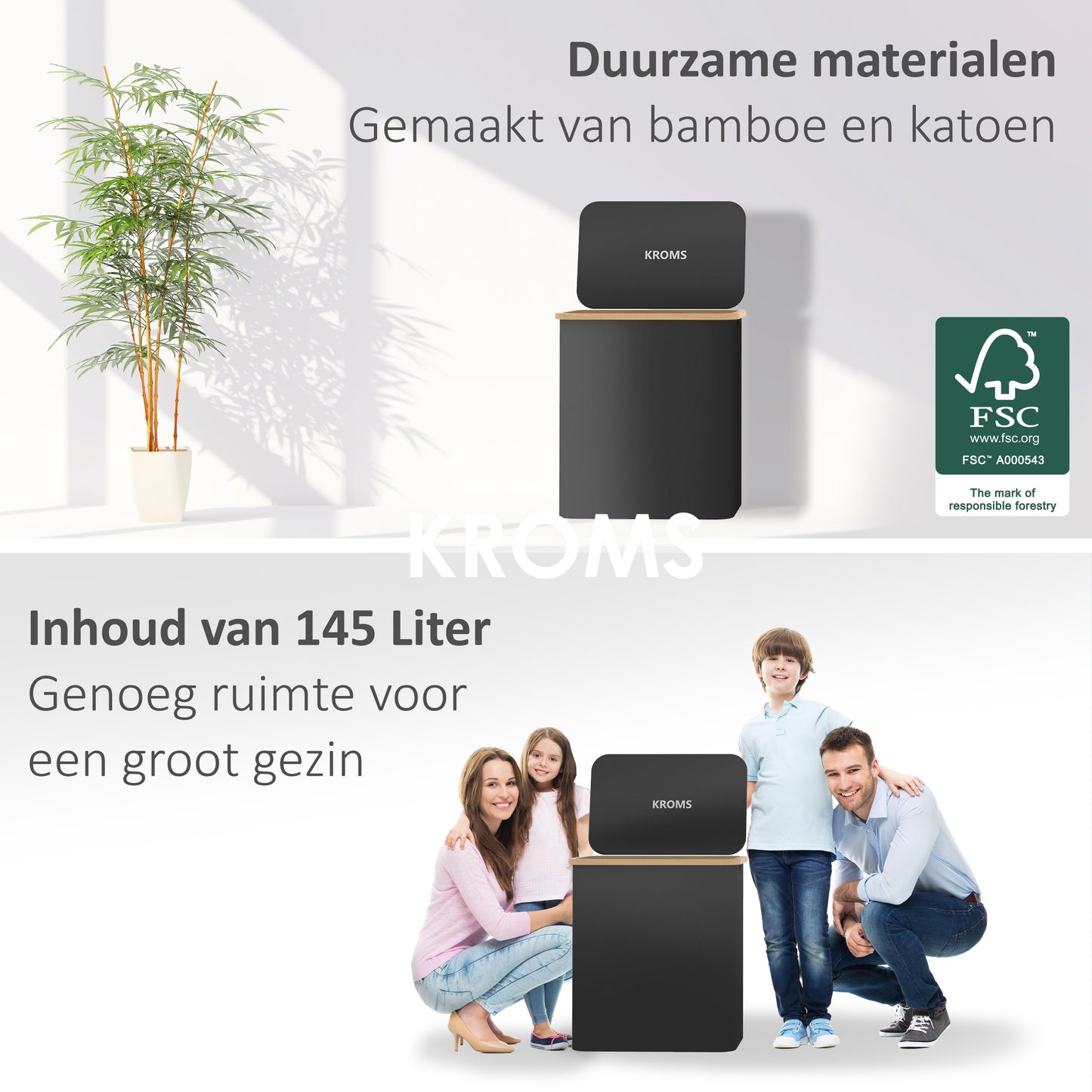 Wasmand Bamboe 3 vakken  Zwart 145L